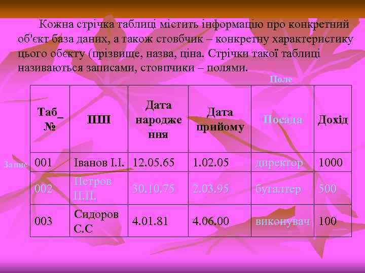 Кожна стрічка таблиці містить інформацію про конкретний об'єкт база даних, а також стовбчик –