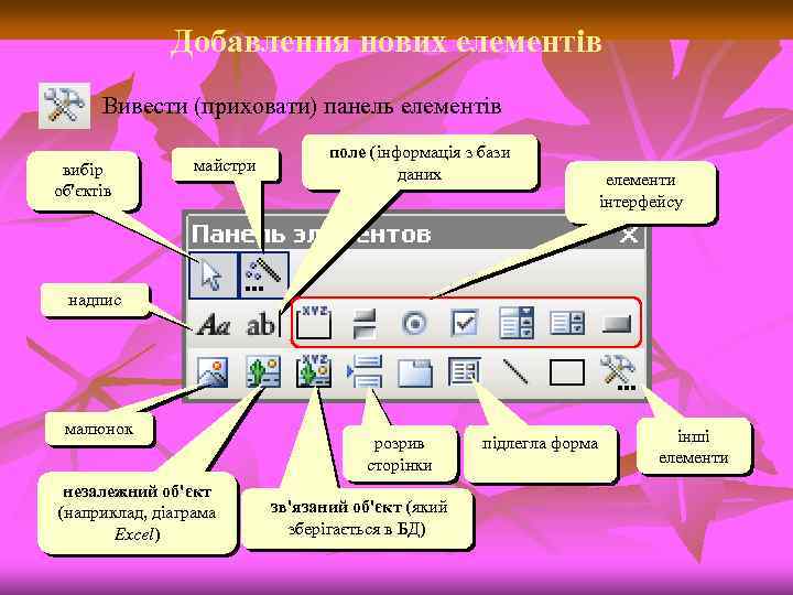 Добавлення нових елементів Вивести (приховати) панель елементів вибір об'єктів майстри поле (інформація з бази
