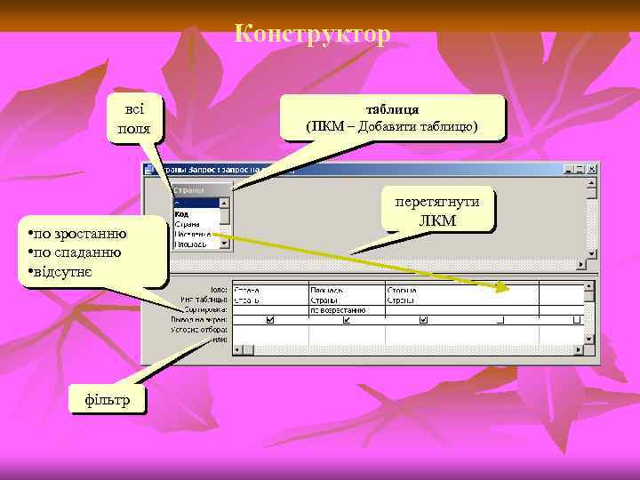 Конструктор всі поля • по зростанню • по спаданню • відсутнє фільтр таблиця (ПКМ
