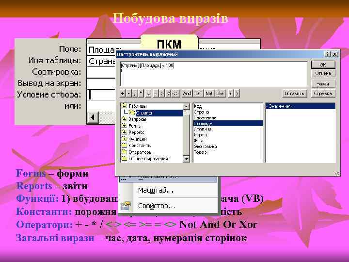 Побудова виразів ПКМ Forms – форми Reports – звіти Функції: 1) вбудовані; 2) функції