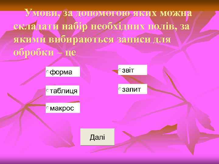 Умови, за допомогою яких можна складати набір необхідних полів, за якими вибираються записи для