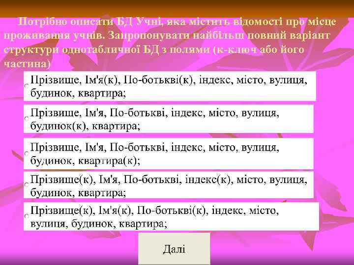 Потрібно описати БД Учні, яка містить відомості про місце проживання учнів. Запропонувати найбільш повний