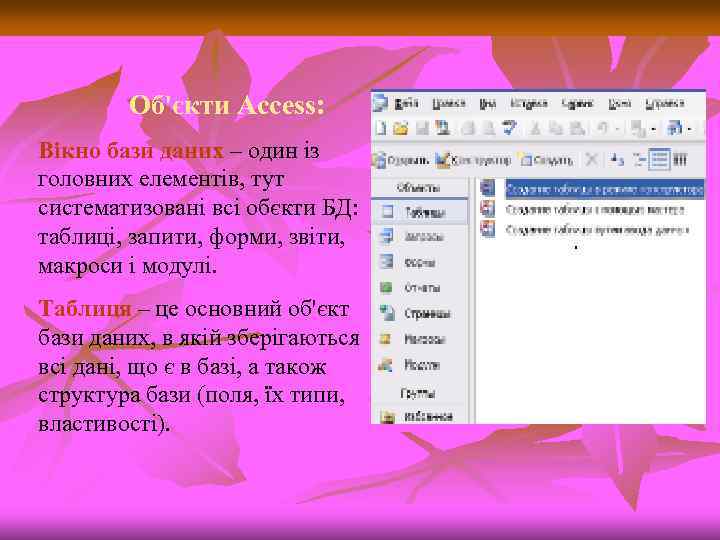 Об'єкти Access: Вікно бази даних – один із головних елементів, тут систематизовані всі обєкти
