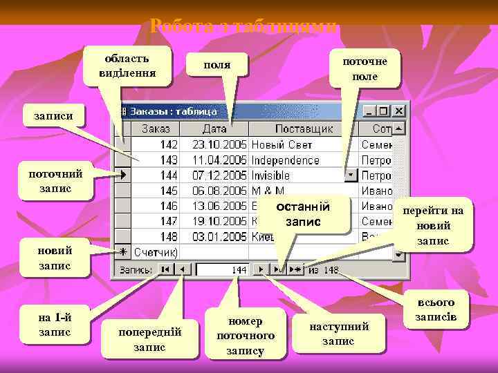 Робота з таблицями область виділення поточне поля записи поточний запис останній запис новий запис