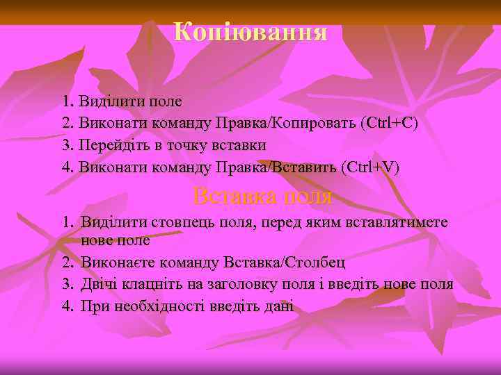 Копіювання 1. Виділити поле 2. Виконати команду Правка/Копировать (Ctrl+С) 3. Перейдіть в точку вставки