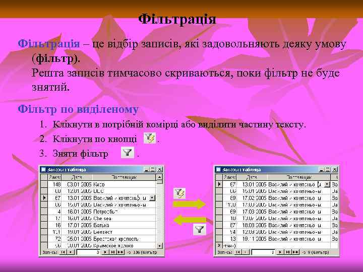 Фільтрація – це відбір записів, які задовольняють деяку умову (фільтр). Решта записів тимчасово скриваються,