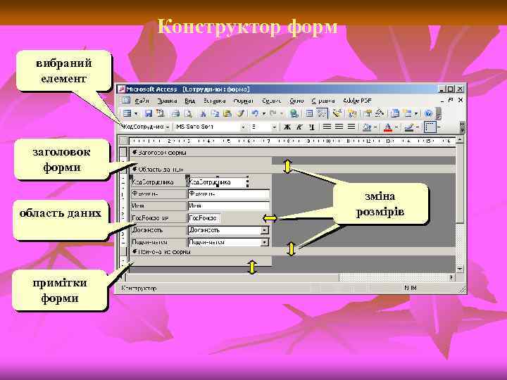 Конструктор форм вибраний елемент заголовок форми область даних примітки форми зміна розмірів 