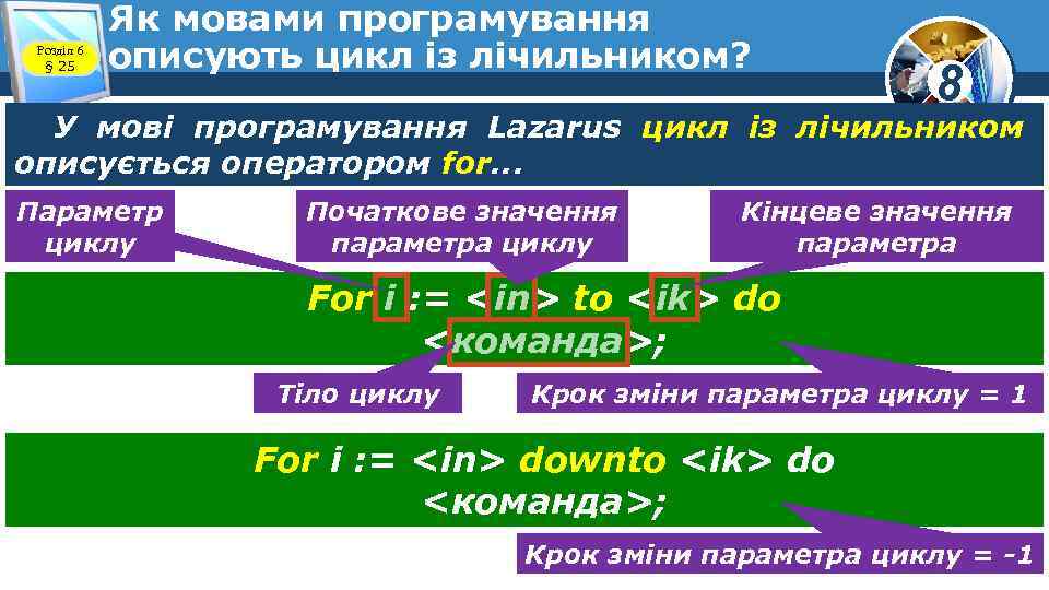 Розділ 6 § 25 Як мовами програмування описують цикл із лічильником? 8 У мові