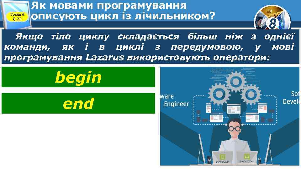 Розділ 6 § 25 Як мовами програмування описують цикл із лічильником? 8 Якщо тіло