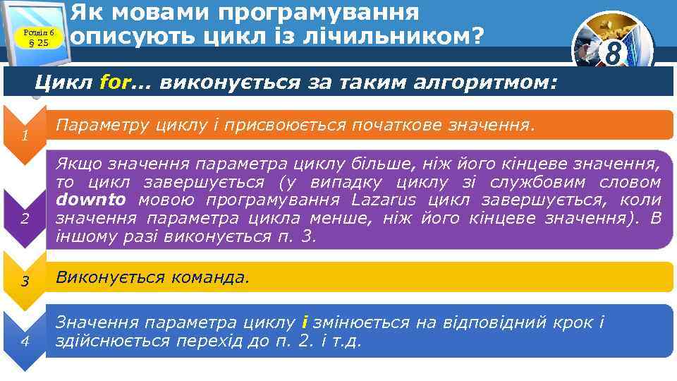 Розділ 6 § 25 Як мовами програмування описують цикл із лічильником? Цикл for. .