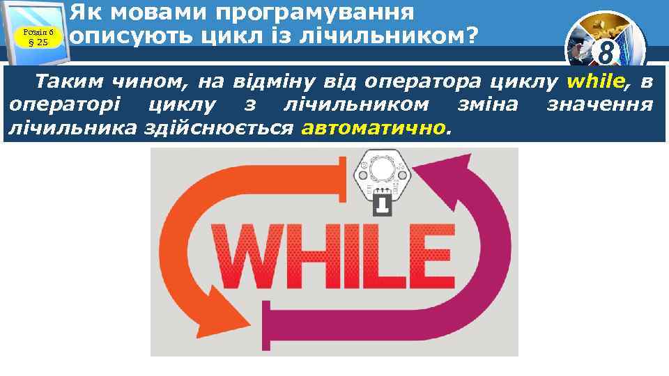 Розділ 6 § 25 Як мовами програмування описують цикл із лічильником? 8 Таким чином,