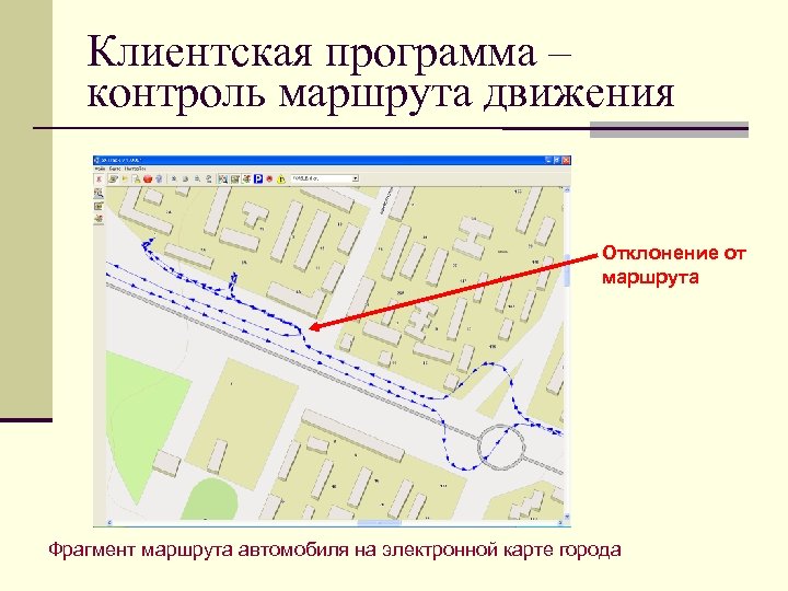 Клиентская программа – контроль маршрута движения Отклонение от маршрута Фрагмент маршрута автомобиля на электронной