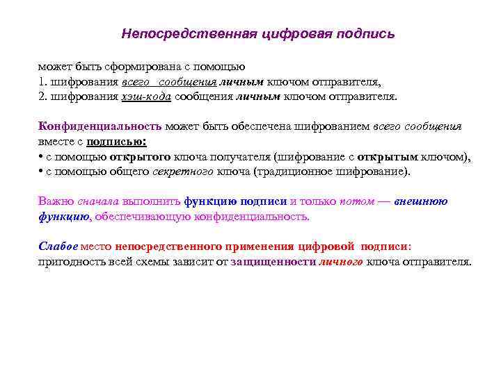 Непосредственная цифровая подпись может быть сформирована с помощью 1. шифрования всего сообщения личным ключом