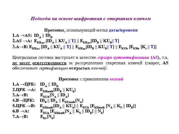 Подходы на основе шифрования с открытым ключом Протокол, использующий метки даты/времени 1. А →AS: