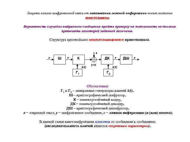 Защита канала шифрованной связи от навязывания ложной информации носит название имитозащиты. Вероятность случайно выбранного
