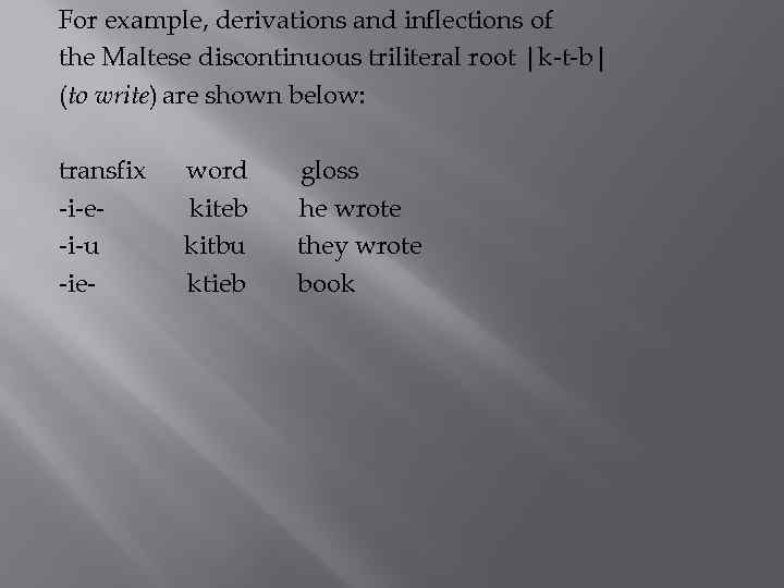 For example, derivations and inflections of the Maltese discontinuous triliteral root |k-t-b| (to write)