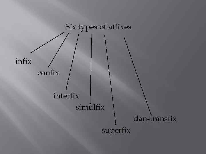 Six types of affixes infix confix interfix simulfix dan-transfix superfix 