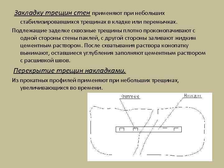  Закладку трещин стен применяют при небольших стабилизировавшихся трещинах в кладке или перемычках. Подлежащие