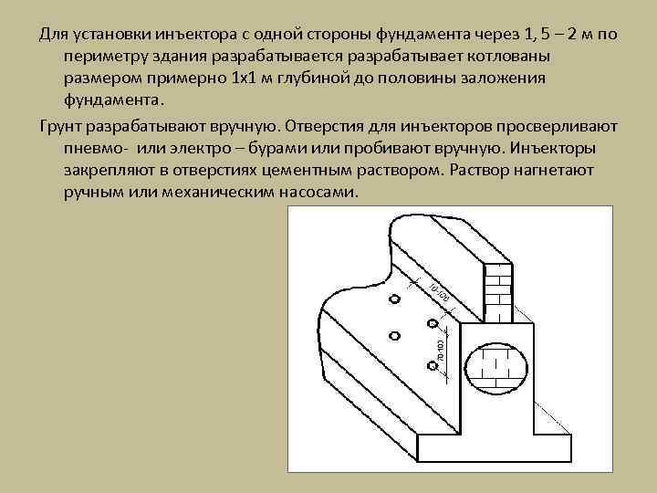 Для установки инъектора с одной стороны фундамента через 1, 5 – 2 м по