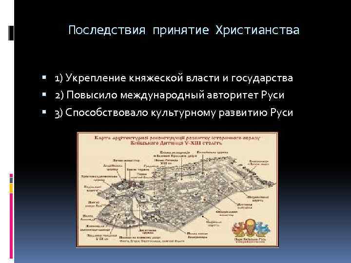 Последствия принятие Христианства 1) Укрепление княжеской власти и государства 2) Повысило международный авторитет Руси
