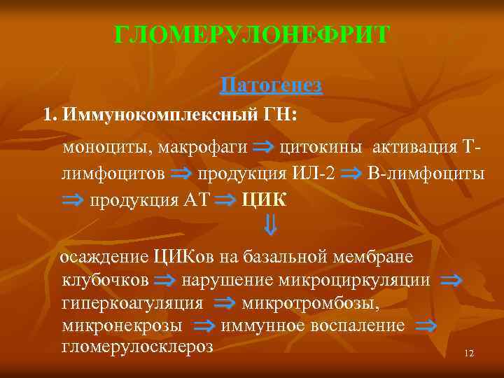 ГЛОМЕРУЛОНЕФРИТ Патогенез 1. Иммунокомплексный ГН: моноциты, макрофаги цитокины активация Тлимфоцитов продукция ИЛ-2 В-лимфоциты продукция