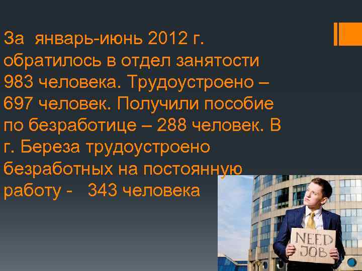 За январь-июнь 2012 г. обратилось в отдел занятости 983 человека. Трудоустроено – 697 человек.