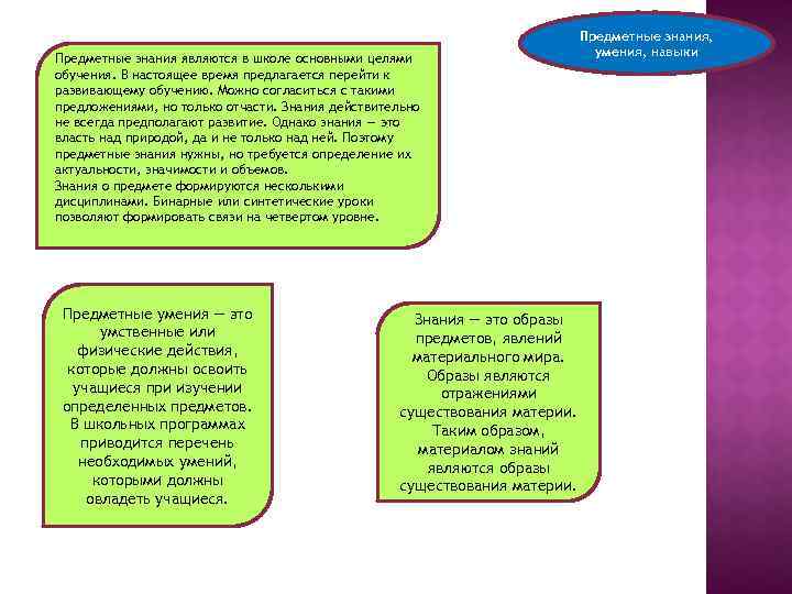 Предметные знания являются в школе основными целями обучения. В настоящее время предлагается перейти к