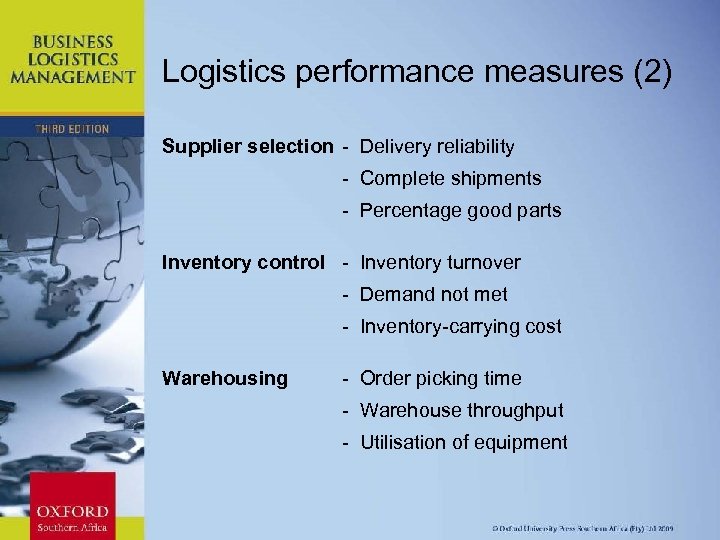 Logistics performance measures (2) Supplier selection - Delivery reliability - Complete shipments - Percentage