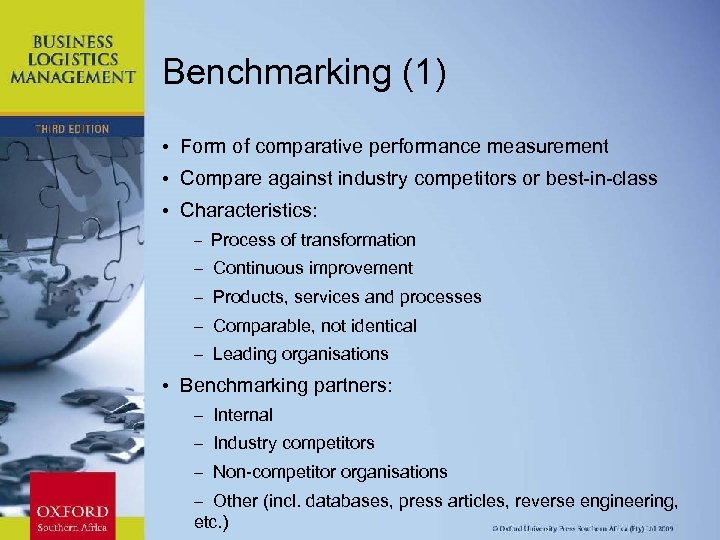 Benchmarking (1) • Form of comparative performance measurement • Compare against industry competitors or