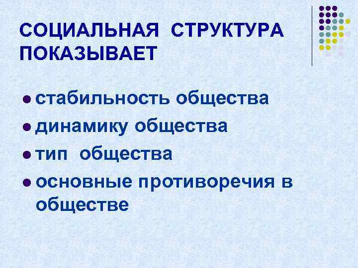 СОЦИАЛЬНАЯ СТРУКТУРА ПОКАЗЫВАЕТ l стабильность общества l динамику общества l тип общества l основные