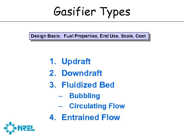 Gasifier Types Design Basis: Fuel Properties, End Use, Scale, Cost 1. Updraft 2. Downdraft