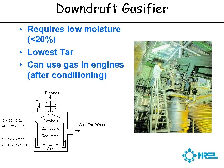 Downdraft Gasifier • Requires low moisture (<20%) • Lowest Tar • Can use gas