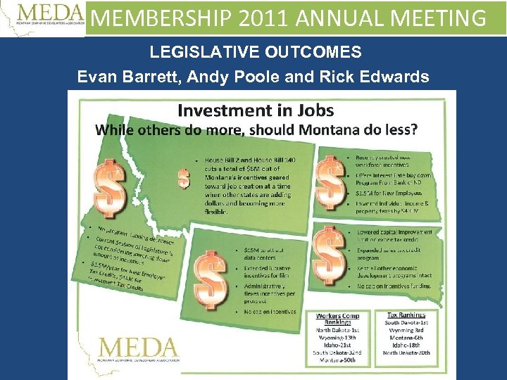 MEMBERSHIP 2011 ANNUAL MEETING LEGISLATIVE OUTCOMES Evan Barrett, Andy Poole and Rick Edwards 