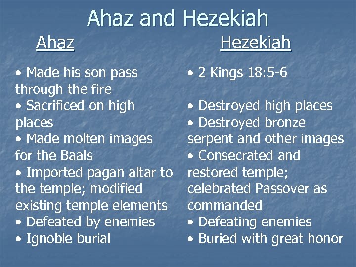 Ahaz and Hezekiah • Made his son pass through the fire • Sacrificed on