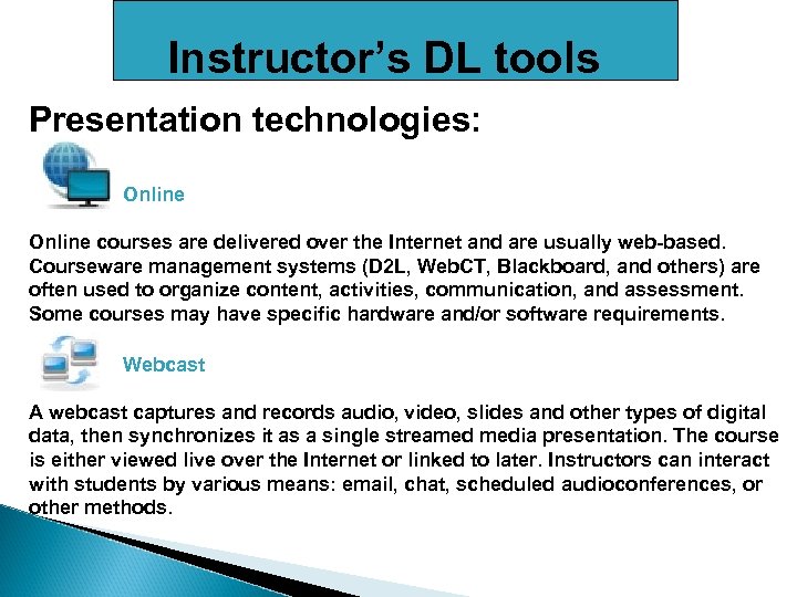 Instructor’s DL tools Presentation technologies: Online courses are delivered over the Internet and are