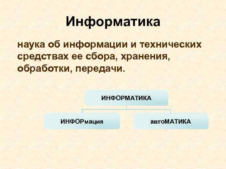 Информатика наука об информации и технических средствах ее сбора, хранения, обработки, передачи. ИНФОРМАТИКА ИНФОРмация