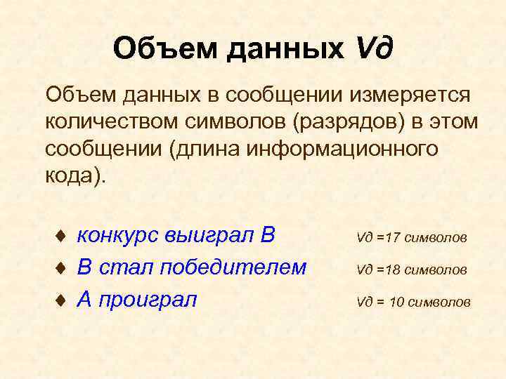 Объем данных Vд Объем данных в сообщении измеряется количеством символов (разрядов) в этом сообщении