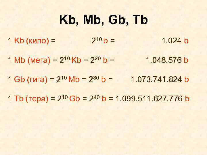 Kb, Mb, Gb, Tb 1 Kb (кило) = 210 b = 1. 024 b