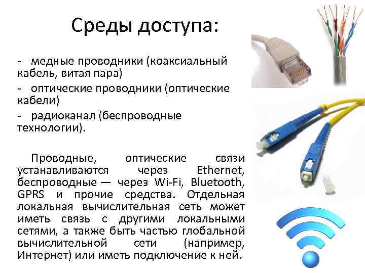 Среды доступа: ‐ медные проводники (коаксиальный кабель, витая пара) ‐ оптические проводники (оптические кабели)