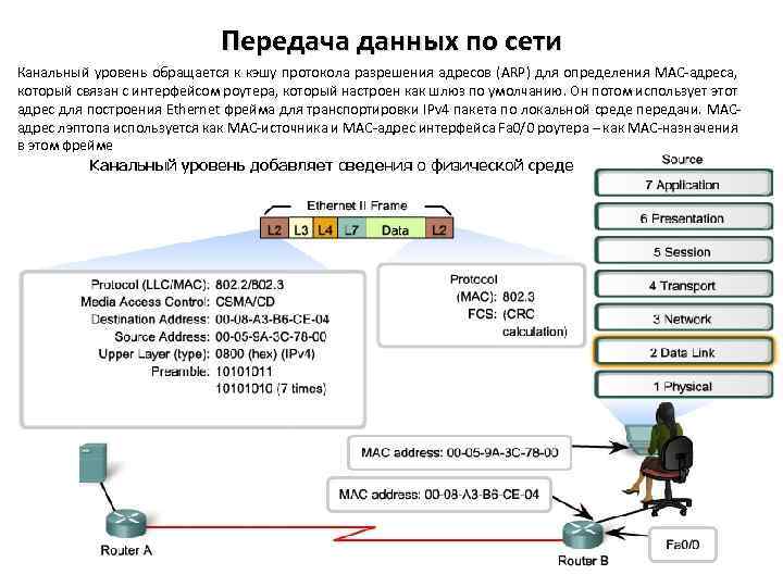 Передача данных по сети Канальный уровень обращается к кэшу протокола разрешения адресов (ARP) для