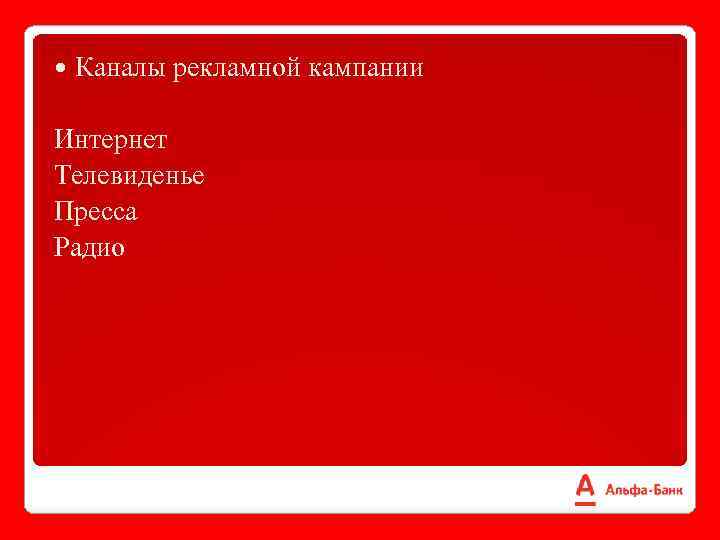  Каналы рекламной кампании Интернет Телевиденье Пресса Радио 