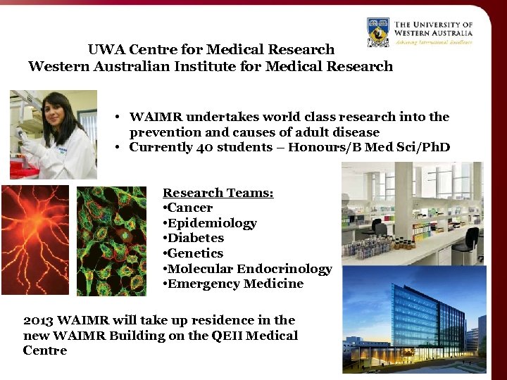 UWA Centre for Medical Research Western Australian Institute for Medical Research • WAIMR undertakes