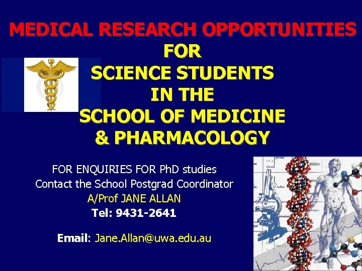 MEDICAL RESEARCH OPPORTUNITIES FOR SCIENCE STUDENTS IN THE SCHOOL OF MEDICINE & PHARMACOLOGY FOR