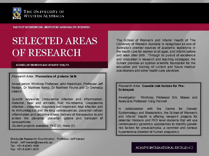 FACULTY OF MEDICINE, DENTISTRY AND HEALTH SCIENCES SELECTED AREAS OF RESEARCH SCHOOL OF WOMEN’S