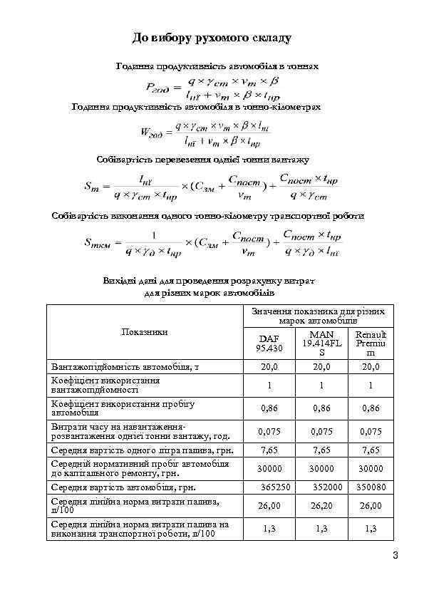 До вибору рухомого складу Годинна продуктивність автомобіля в тоннах Годинна продуктивність автомобіля в тонно-кілометрах
