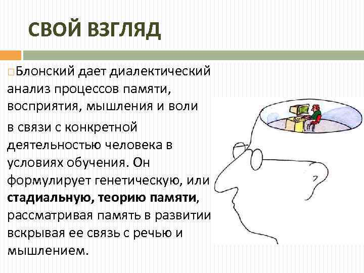 СВОЙ ВЗГЛЯД Блонский дает диалектический анализ процессов памяти, восприятия, мышления и воли в связи