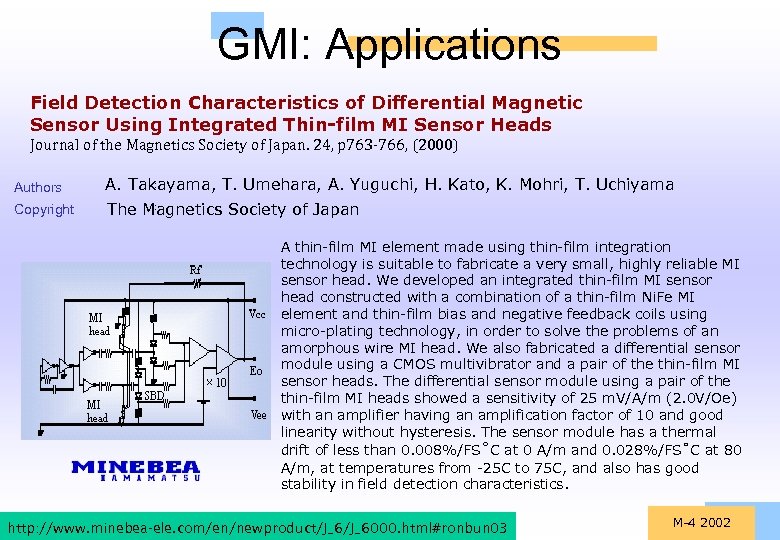 GMI: Applications Field Detection Characteristics of Differential Magnetic Sensor Using Integrated Thin-film MI Sensor