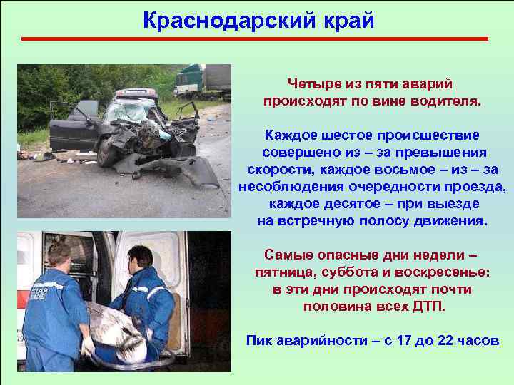 Краснодарский край Четыре из пяти аварий происходят по вине водителя. Каждое шестое происшествие совершено