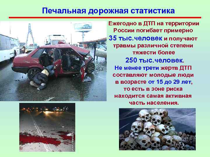 Печальная дорожная статистика Ежегодно в ДТП на территории России погибает примерно 35 тыс. человек