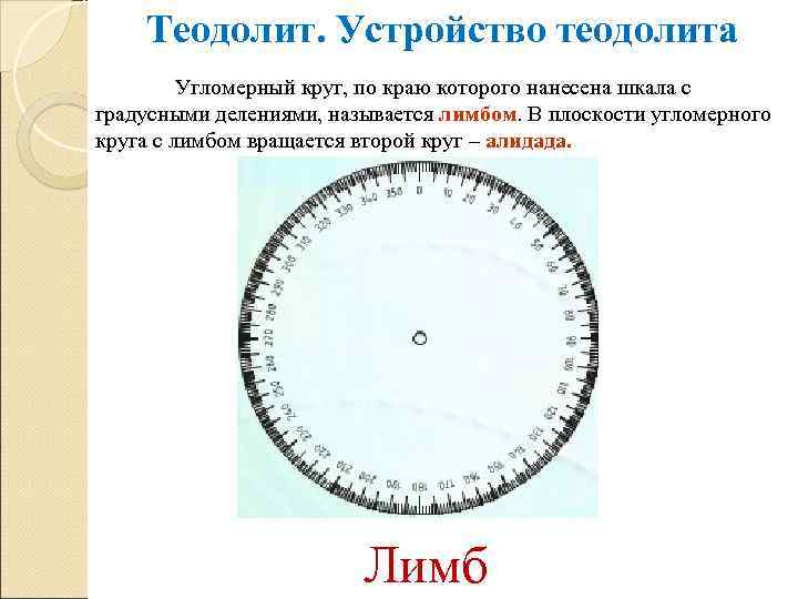 Теодолит. Устройство теодолита Угломерный круг, по краю которого нанесена шкала с градусными делениями, называется